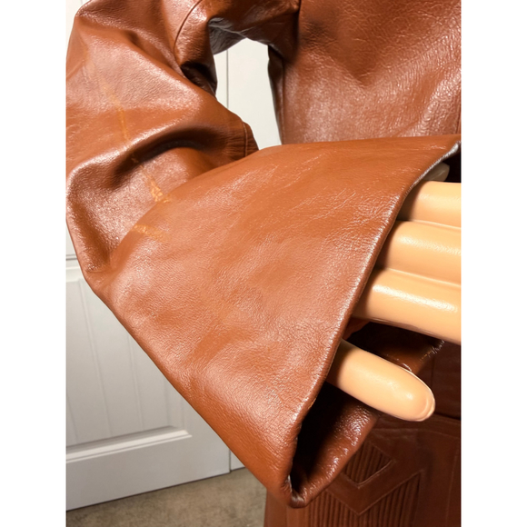 Vintage 70s Caramel Brown Genuine Leather Long Coat Women's Trench Retro 12 Edgy - Picture 5 of 16